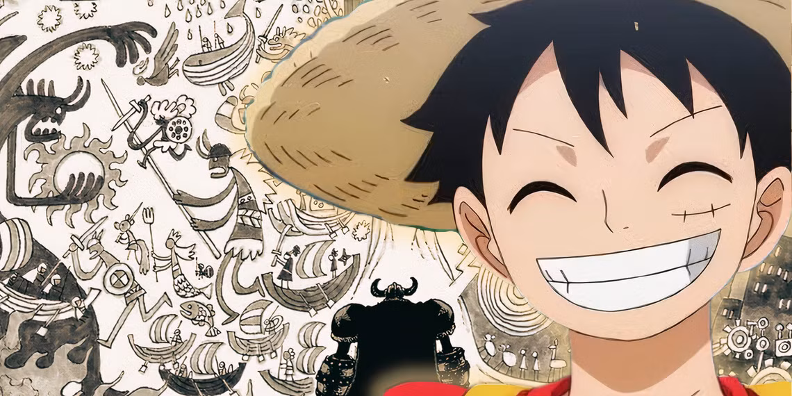 feature header with luffy smiling over the mural revealed in one piece chapter 1138